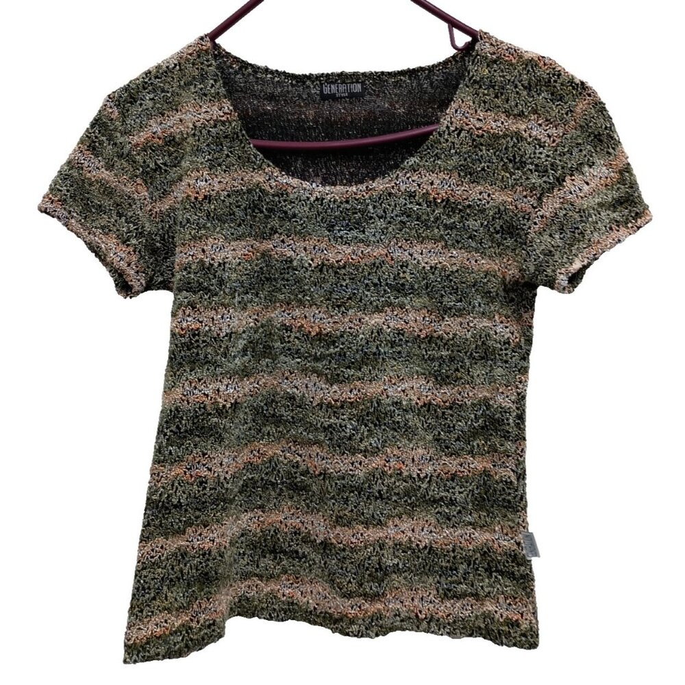 VTG Y2K Generation Fairy Grunge Baby Tee Womens Small Green Pink Crochet Striped